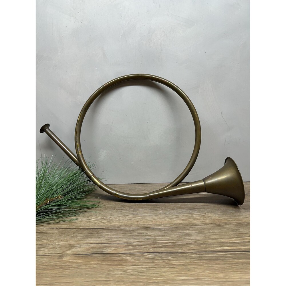 Vintage XL Patina Brass Decorative Hunting Horn 18x12x4.25 Inch Large Statement